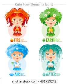 Four elements Zodiac astrological sign icon set. Cute cartoon baby girl character. Abstract template Fire, Earth, Air, Water vector symbols. Horoscope modern illustration. White background