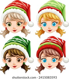 Four elf avatars wearing colorful Christmas hats.