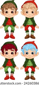 Four elf illustrations with different hair colors.
