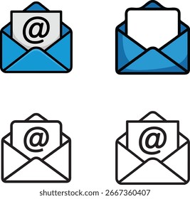 Cuatro iconos de correo electrónico: dos de color azul y dos de contorno negro. Un conjunto contiene el símbolo, el otro está en blanco.