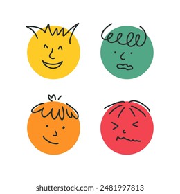 Cuatro Caras De Emociones. Ilustración vectorial de la sonrisa y las expresiones faciales tristes. 