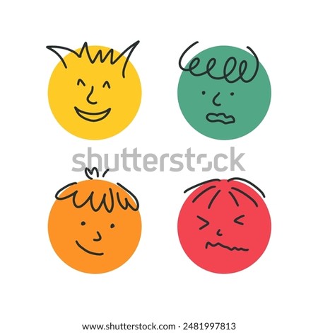 Four Emotions Faces. Vector Illustration of Smile and Sad Facial Expressions. 