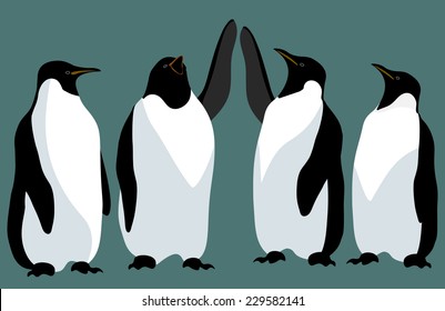 Four Emperor penguin isolated against a green background