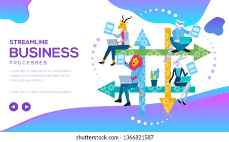 Four employee sit on big arrows with laptops and perform tasks. Web page vector design for streamline business processes with workflows, CRM, Kanban, setting goals. Place for text, copy space.