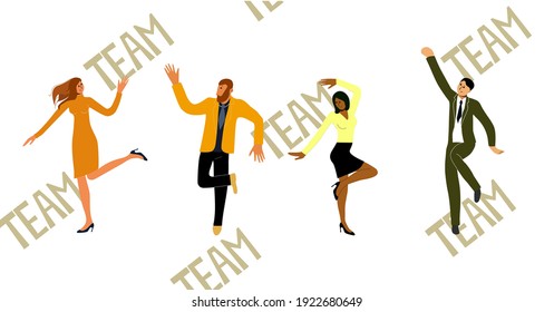 four employees dancing against the background of large letters TEAM