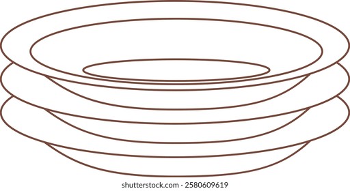 Four empty brown dinner plates are stacked one above the other, creating a simple yet evocative image of tableware, ready for a meal or a culinary presentation