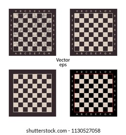 Four empty chess boards on isolated white background. Grunge effect, scuffs, scratched. Boards for intellectual games checkers, chess. Vector illustration.