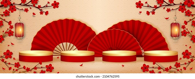 Four empty podium mock ups in oriental style banner background