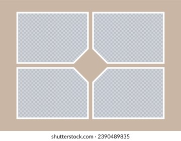 Four empty rectangular photo frames. Photo cards with beveled angles. Mockup for design, presentations, banners, advertising, collages. Blank template on beige. EPS10. 