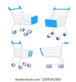 Four empty shopping carts with blue handles on a white background, perfect for retail therapy and online shopping projects