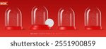 Four empty snow globes with red bases on isolated background, snow particles inside, and Merry Christmas and Happy New Year greeting text. Realistic vector illustration