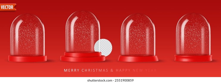 Four empty snow globes with red bases on isolated background, snow particles inside, and Merry Christmas and Happy New Year greeting text. Realistic vector illustration