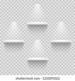 Four empty white shelves isolated on transparent background. Vector design template