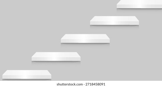Cuatro estantes blancos vacíos aislados sobre fondo transparente. Plantilla de diseño de Vector. Eps 10