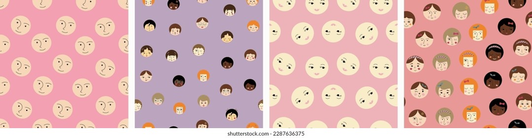 Four endless patterns, cutely girlish faces. Editable repeating backgrounds, female face, colorful vector simple elements
