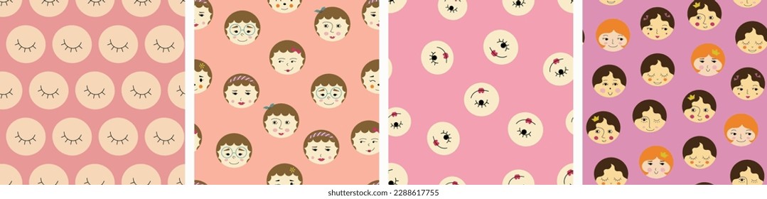 Four endless patterns, cutely girlish faces. Surface design for branding, woman visage, colorful abstract background
