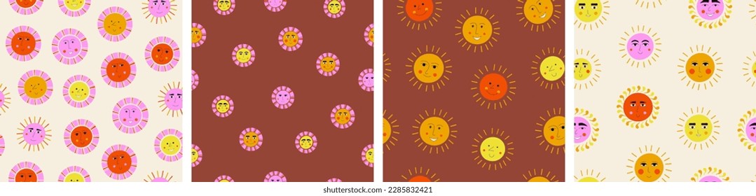 Four endless patterns, happy suns. Abstract background, children summer concept, creative branding design
