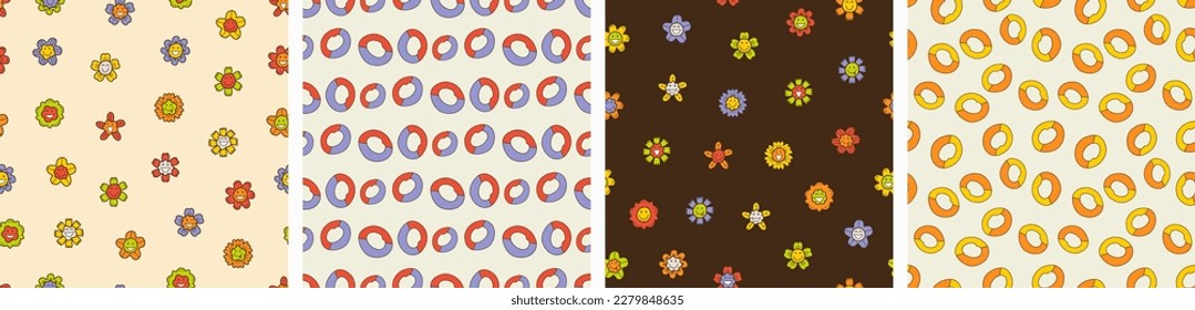 Four endless patterns, laughs flowers. Colorful abstract background, kindergarten concept, surface design for branding
