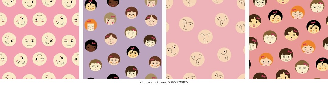 Four endless patterns, pretty girlish faces. Abstract background, woman countenance, creative branding design.