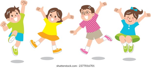 Four energetic children jumping happily