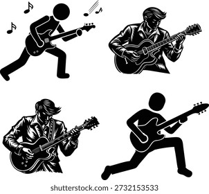 Quatro silhuetas energéticas de homens tocando guitarras elétricas. Diversas poses mostram músicos em ação, com notas musicais indicando desempenho. Captura o espírito do rock and roll e concertos ao vivo.