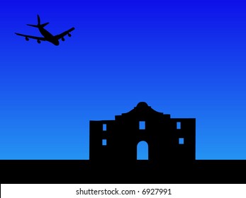 four engine plane arriving at the Alamo San Antonio