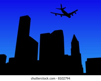 Four engine plane arriving in Houston illustration