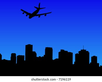 four engine plane arriving in New Orleans illustration