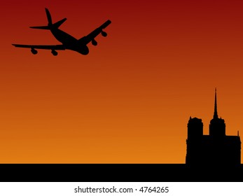 four engine plane arriving in Paris with Notre Dame