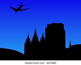 four engine plane arriving at Salt Lake city illustration