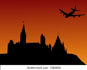 four engine plane flying over Canadian parliament Ottawa