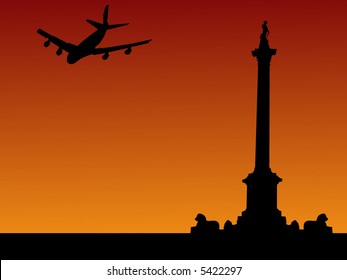 four engine plane flying over Trafalgar Square London England