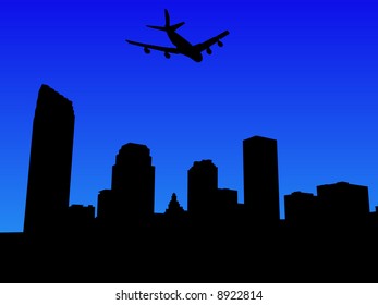 four engine plane flying over Downtown New Orleans illustration