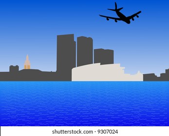 four engine plane flying over Bayside Miami skyline