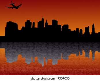 four engine plane flying over Lower Manhattan at sunset