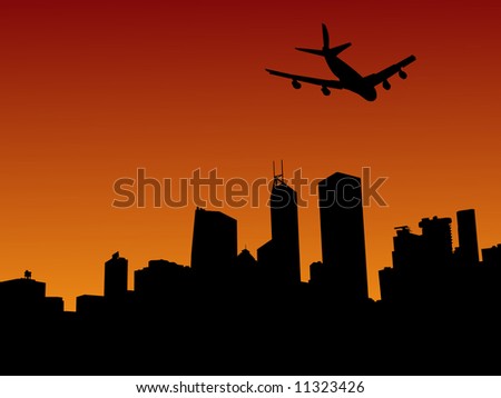 four engine plane flying over Hong Kong skyline at sunset illustration