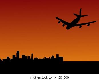 four engine plane flying towards Miami at dusk