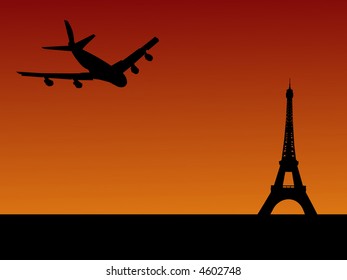 four engine plane flying towards Eiffel tower in Paris