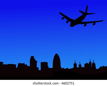 four engine plane flying towards London skyline