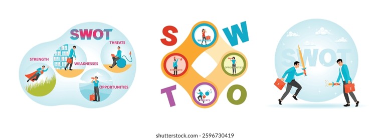 Four entrepreneurs whose professions symbolize SWOT analysis. SWOT labels with Characters Representing Each Segment. Two entrepreneurs hold strong and weak swords. Set flat vector illustration