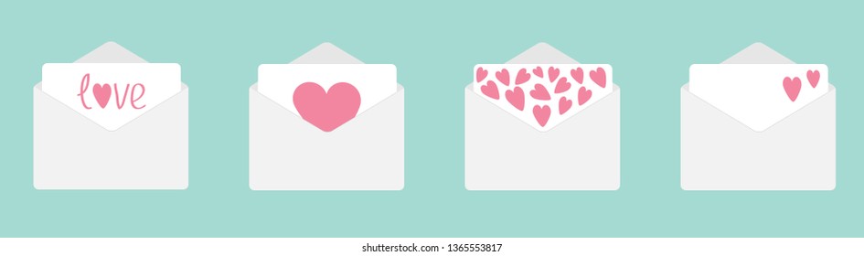 Four envelope with hearts set line. Happy Valentines Day. Love card. Flat design. Blue background. Isolated. Vector illustration