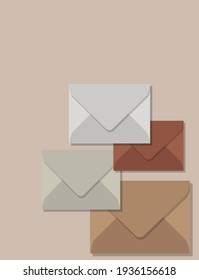 Cuatro sobres en tonos beige. Ilustración plana sobre el fondo aislado. Concepto moderno. Diseño para carteles, fondos, tarjetas, plantillas, elementos de diseño.