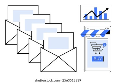 Four envelopes, a growth chart, and a mobile screen with a shopping cart icon and buy button. Ideal for email marketing, business growth, online shopping, digital communication, e-commerce. Simple