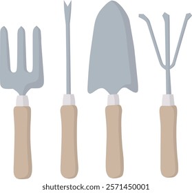 Four essential gardening tools with wooden handles and metal heads: a hand fork, weeder, trowel, and cultivator, ideal for various gardening tasks.