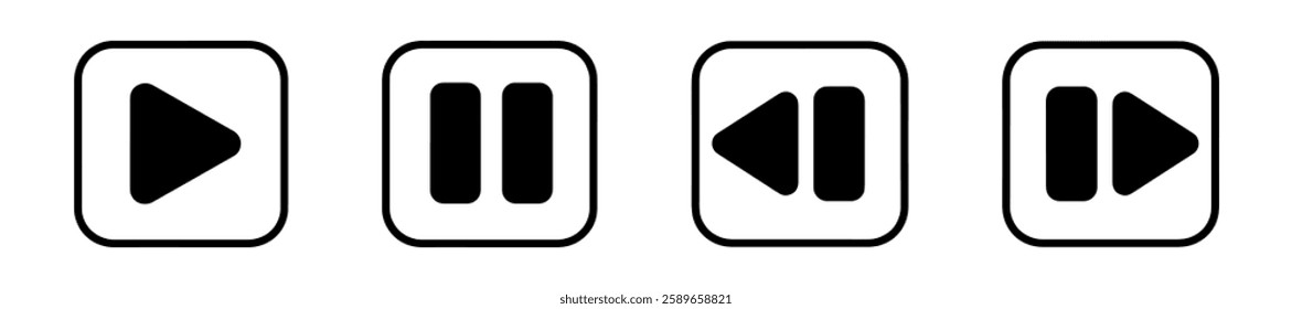 four essential video control icons: stop, play, pause, and rewind. Ideal for multimedia projects and user interface designs.