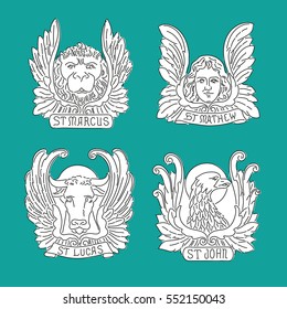 Four evangelists line symbols: angel, lion,  bull and eagle. Matthew, Mark, Luke, John.