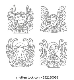 Cuatro evangelistas alinean símbolos: ángel, león, toro y águila. Matthew, Mark, Luke, John.