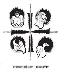 Four evangelists - symbols: angel, lion, ox or a bull and eagle. Four Gospels - Matthew, Mark, Luke, John. modern simple vector illustration.