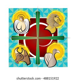 Four evangelists - symbols: angel, lion, ox or a bull and eagle. Four Gospels - Matthew, Mark, Luke, John. modern simple vector illustration.