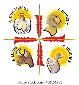 Four evangelists - symbols: angel, lion, ox or a bull and eagle. Four Gospels - Matthew, Mark, Luke, John. modern simple vector illustration.